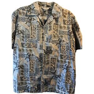 Malihini Vintage Men’s L Blue Tribal Short Sleeve Button Down Hawaiian Shirt